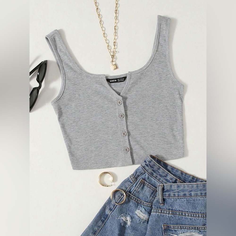 SHEIN GREY RIBBED FRONT BUTTON UP TANK TOP